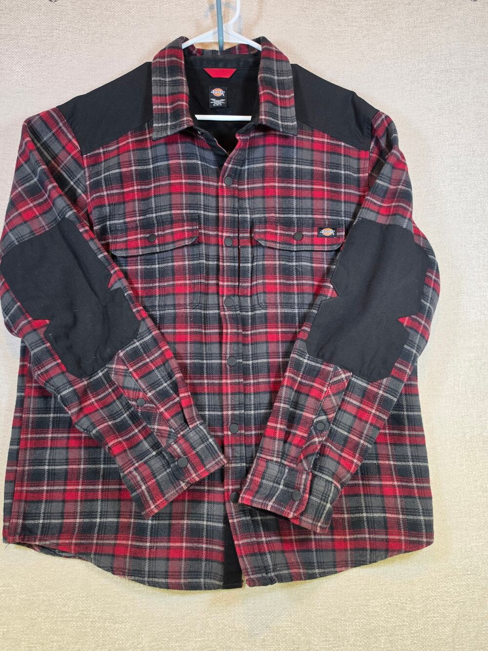 Dickies Plaid Shirt Jacket Red Black Flannel Lined Snap Button Men Size XL